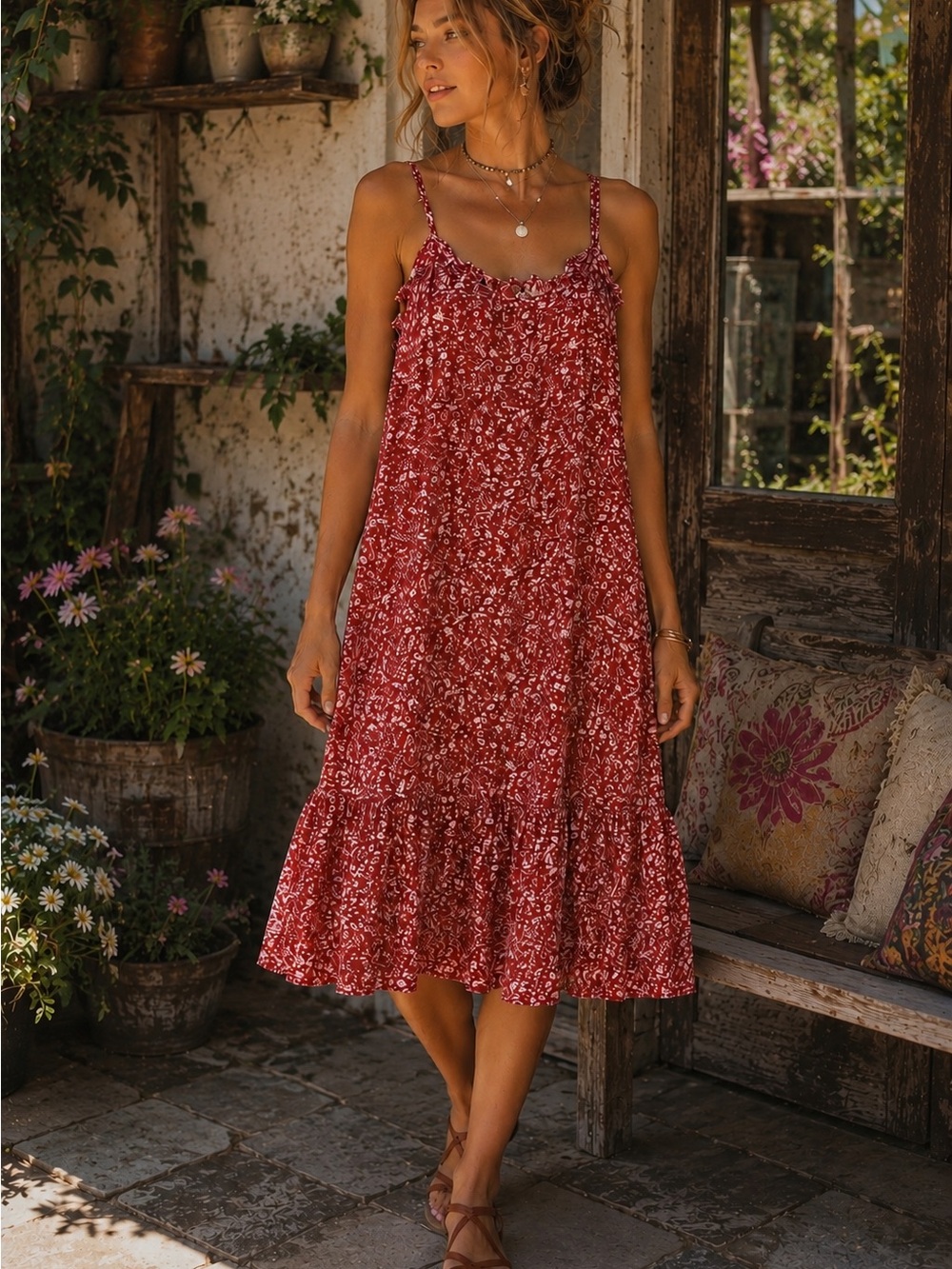 NATURAL LIFE Red Floral Ruffled Spaghetti-Strap Midi Dress size S